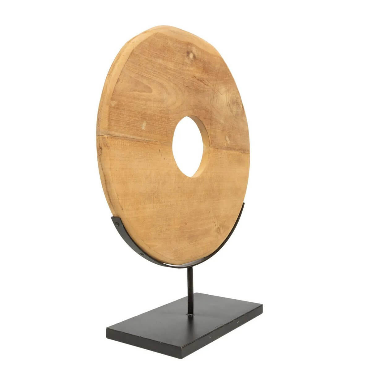 Teakhouten cirkeldisplay op voet van Bazar Bizar, decoratief item voor interieur of tuin, 60cm hoog, hout en metaal.