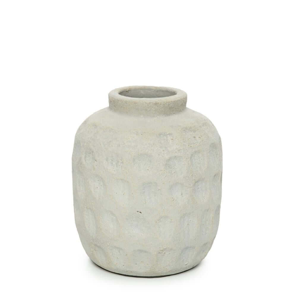 De Trendy Vaas van beton met eigentijds patroon, perfecte decoratie met droge bloemen, 18 cm hoog. Let op: niet waterdicht.
