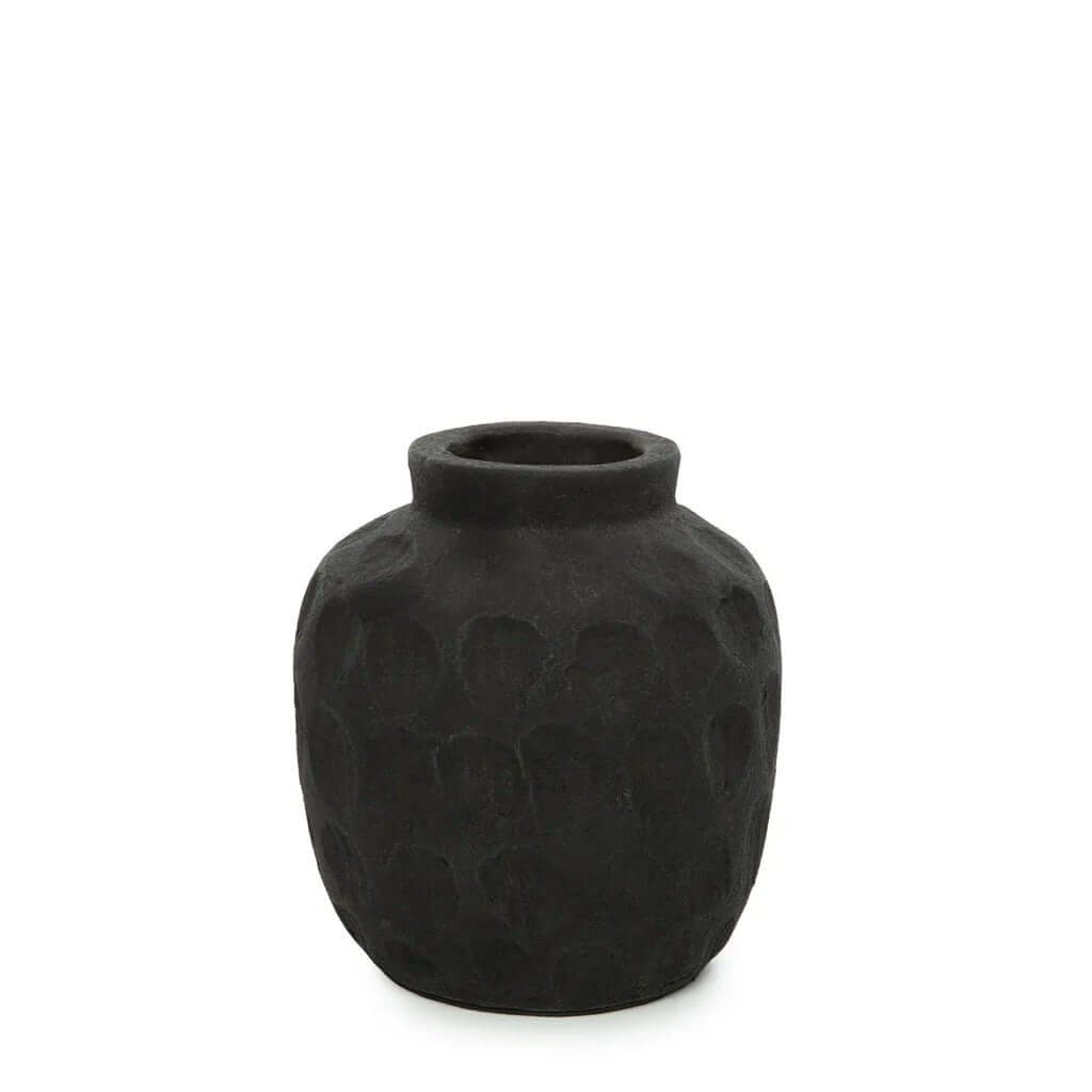 Zwarte terracotta vaas met eigentijds patroon voor droge bloemen, 14 cm hoog, perfecte sfeermaker voor elke ruimte.