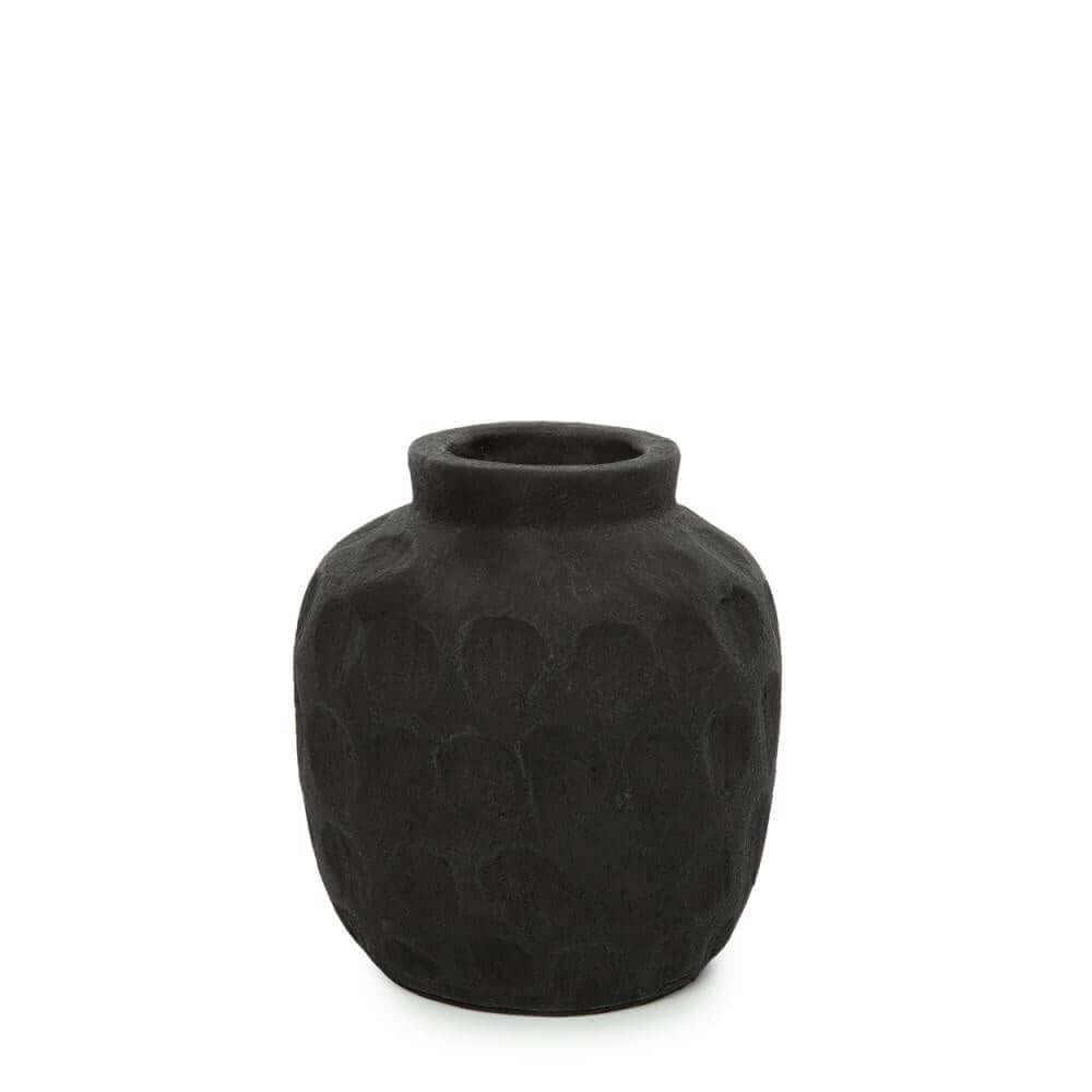 Trendy zwarte terracotta vaas met eigentijds patroon, perfecte blikvanger voor decoratieve droge bloemen, maat S, hoogte 14 cm.