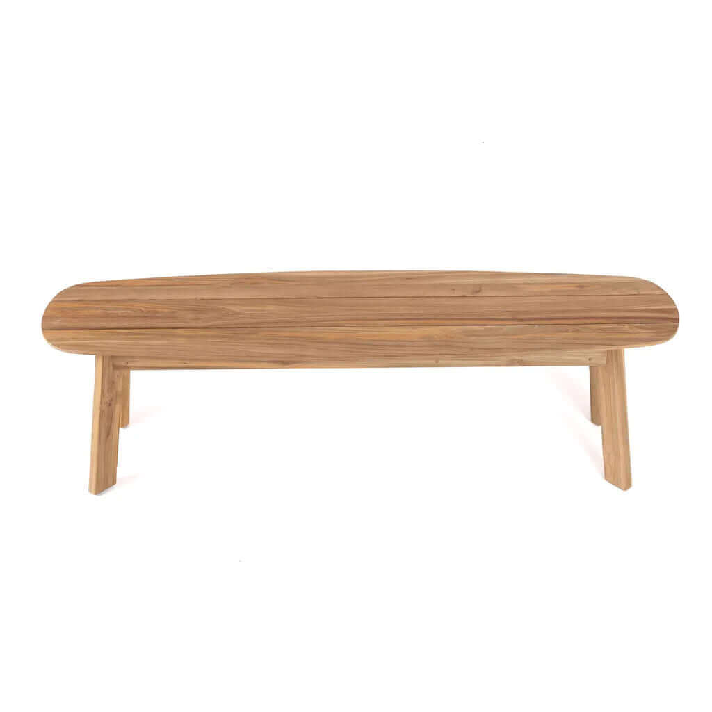 De Tutuala Bank van teakhout met ronde vormen, perfect voor binnen en buiten. Praktisch en stijlvol design statement.