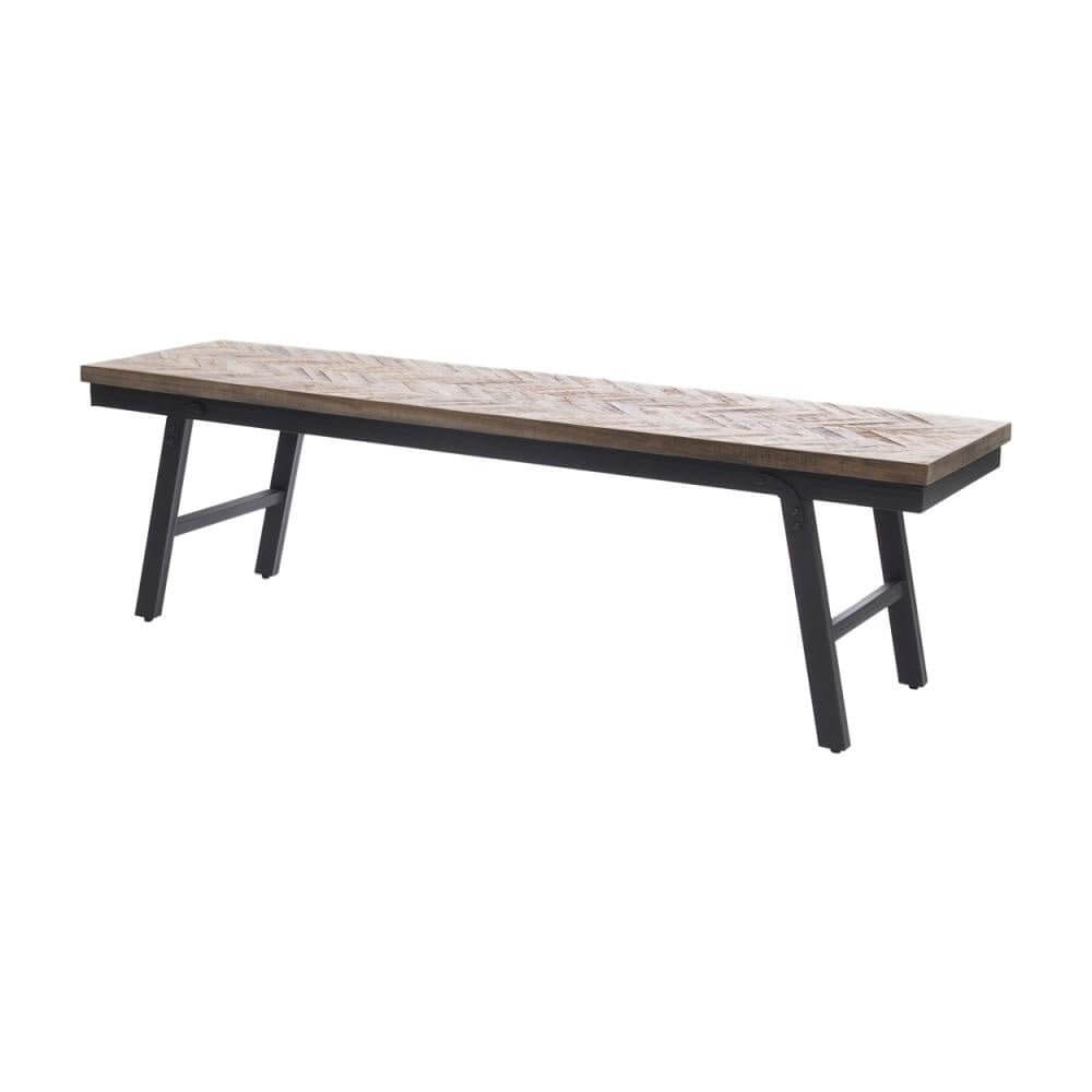 Teakhouten visgraat bank met zwart ijzeren poten, ideaal voor binnen en buiten. Verkrijgbaar in naturel, perfecte aanvulling op uw eettafel.