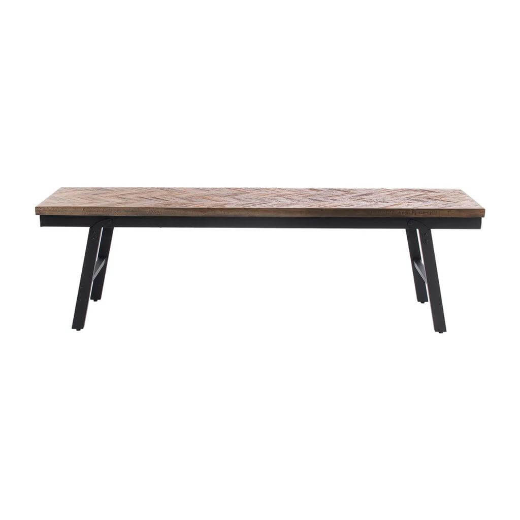 De Visgraat Bank - Naturel, teakhout met elegant patroon, opklapbaar, perfect als eettafel, zwart ijzeren poten, 150 cm.
