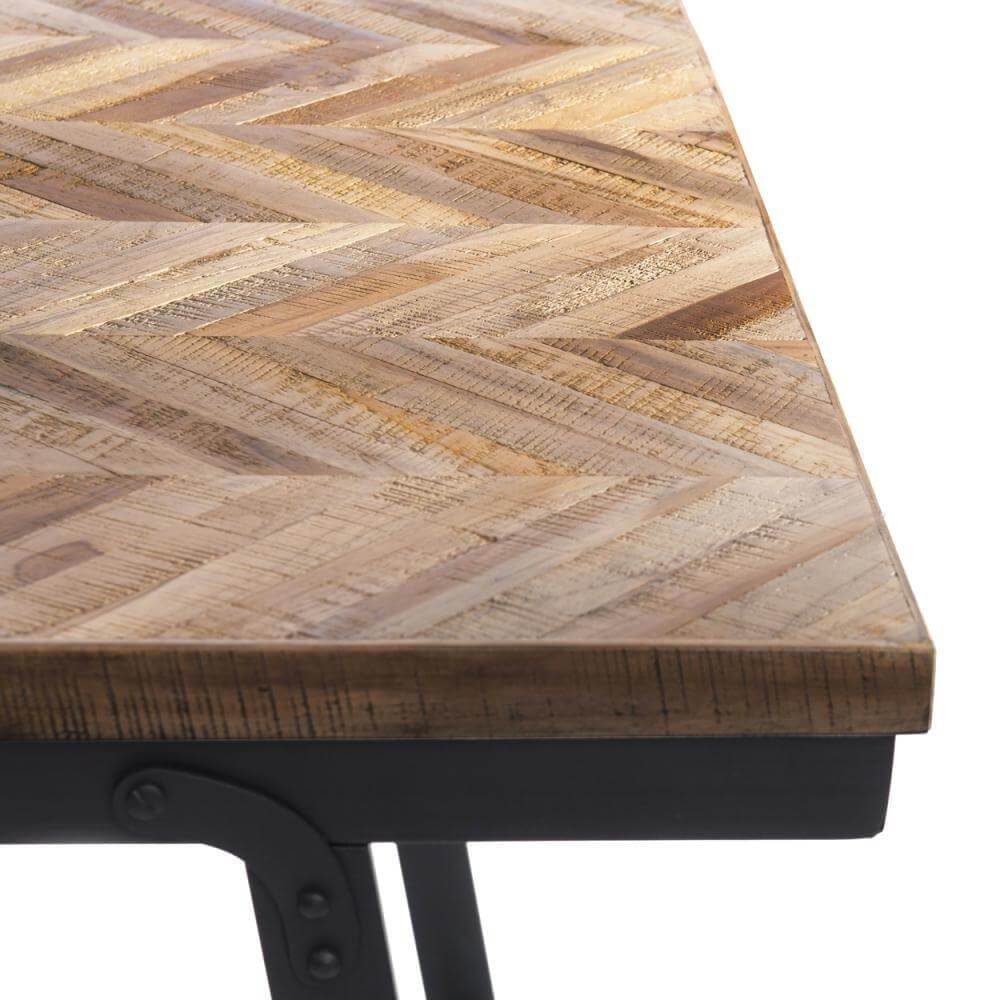 Teakhouten console met elegant visgraatpatroon en inklapbaar zwart ijzeren onderstel, ideaal voor eetkamer binnen of overdekt buiten.