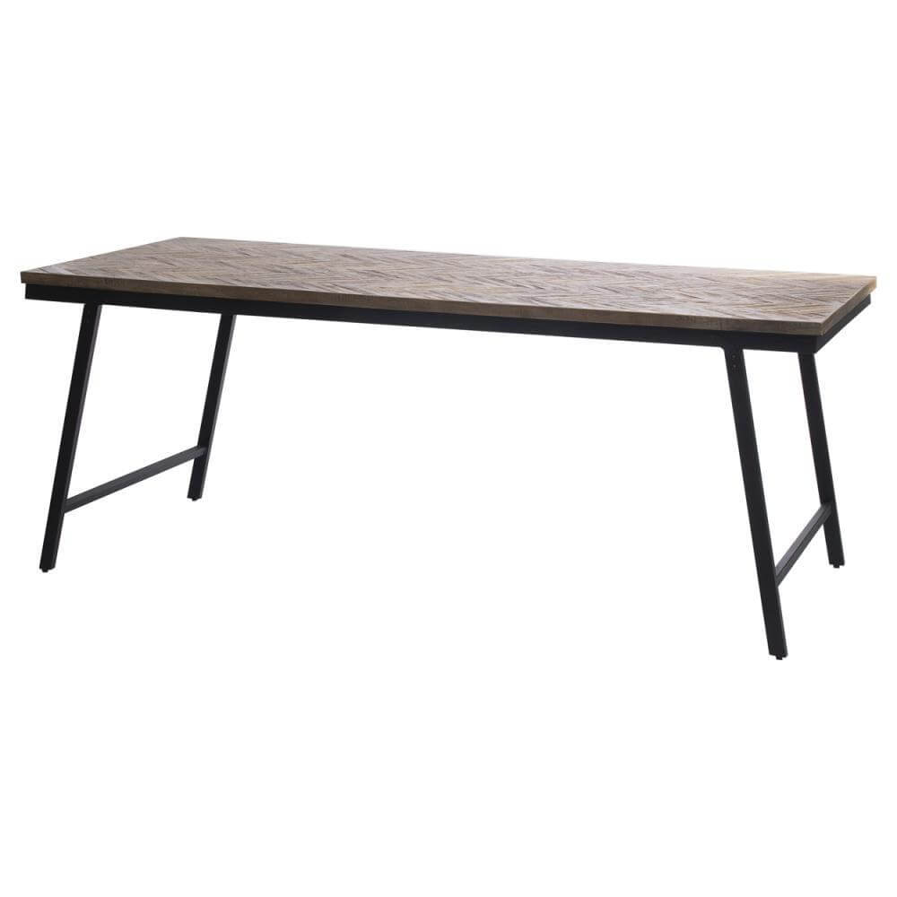 Alt Tag: De Visgraat Console in naturel, teakhout met zwart ijzer, visgraatpatroon, inklapbare tafel, ideaal voor zowel binnen als buiten.