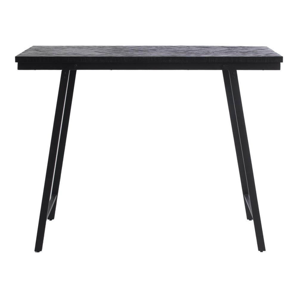 De Visgraat Hoge Tafel van teakhout en zwart ijzer, inklapbaar en ideaal als familietafel, 140cm. Perfect voor binnen en overdekt buiten.
