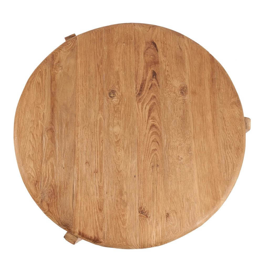 Ronde De Wabi Sabi salontafel van gerecycled teakhout, natuurlijke kleur. Driepotig designstuk voor elk interieur.