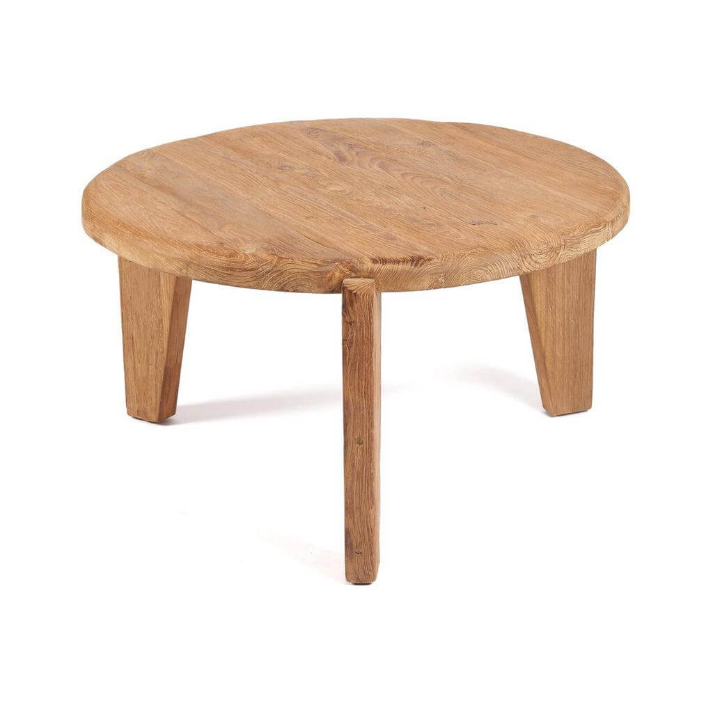 De Wabi Sabi salontafel van teakhout, driepotig design, milieuvriendelijk en rustiek, hoogte 45 cm, breedte 80 cm, kleur naturel.
