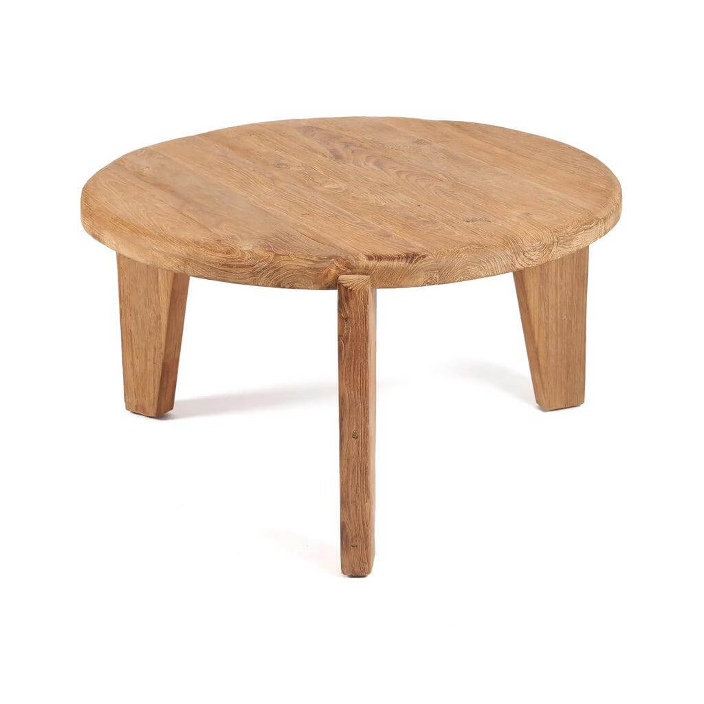 Duurzame Wabi Sabi salontafel van gerecycled teakhout, driepotig design in natuurlijke kleur, maat L, perfect voor elk interieur.
