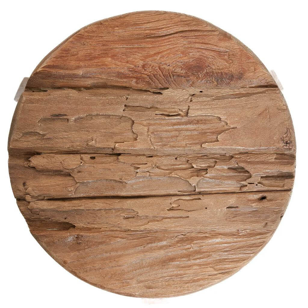 Ronde De Yatai kruk van gerecycled teakhout in naturelkleur. Perfect als decor stuk of extra zitplaats. Beschikbaar in drie maten.