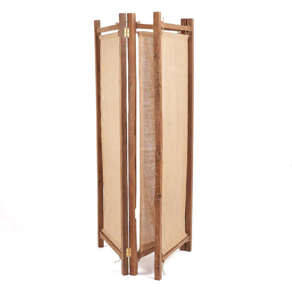 Alt Tag: Kamerscherm De Zenbu Divider van gerecycleerd teakhout en natuurlijke jute, elegantie en eco-bewust ontwerp.