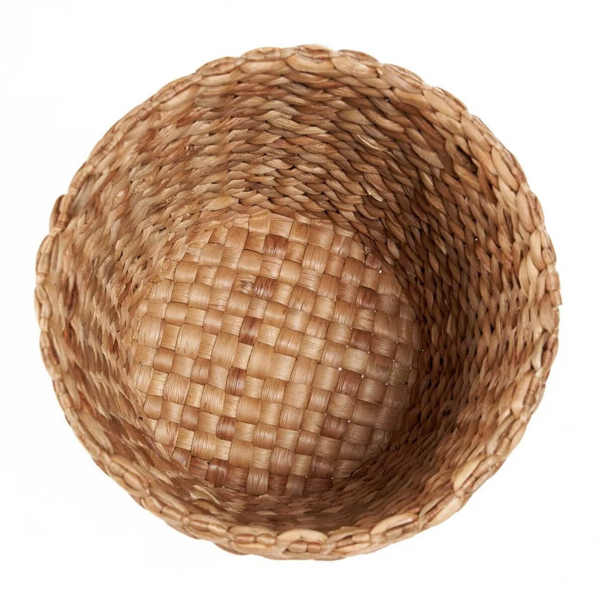 Top view of a handcrafted Bumaga Basket made from water hyacinth, perfect for Bohemian-inspired decor.