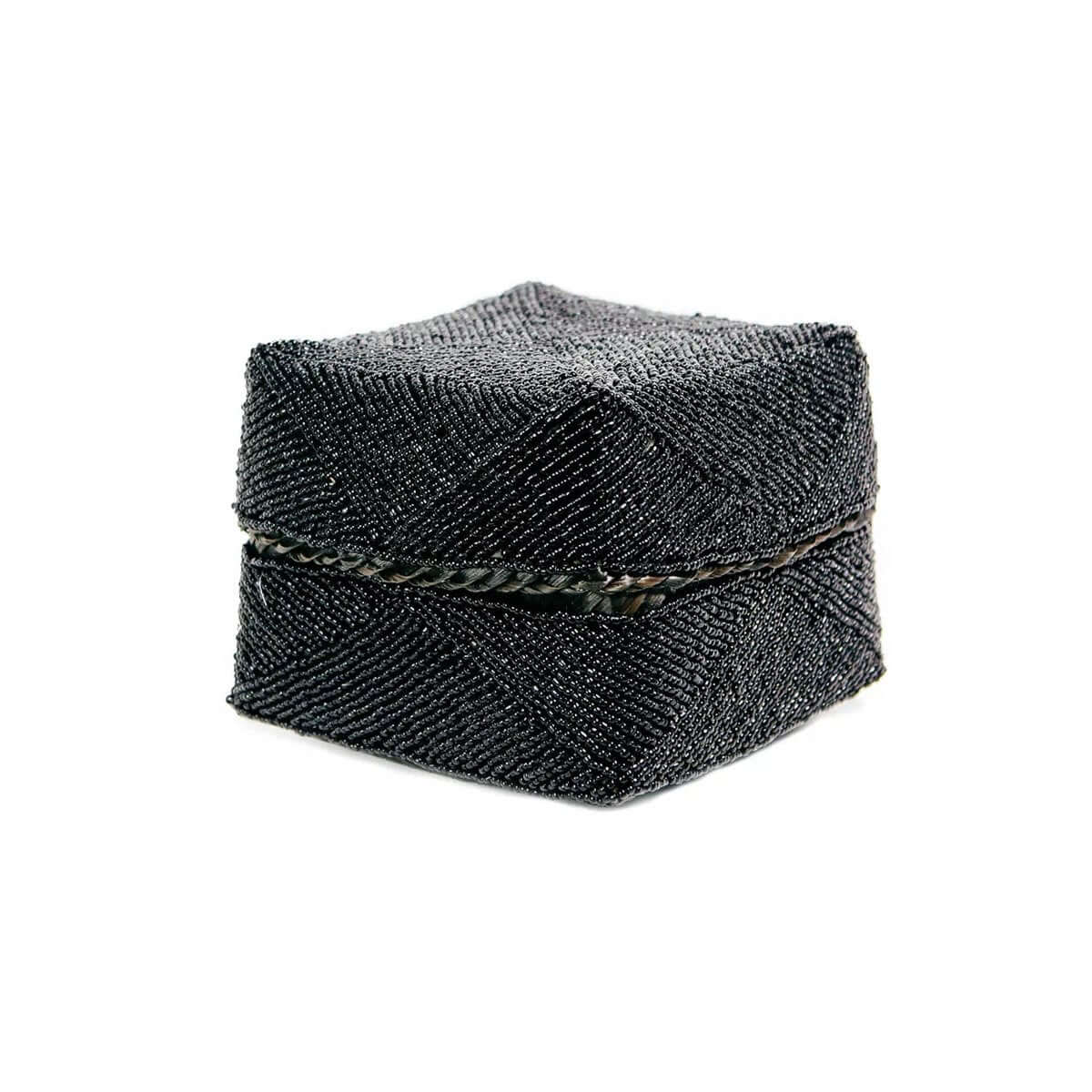 Bohemian black beaded box, handcrafted by Balinese artisans, perfect for decor or storage. Size M.