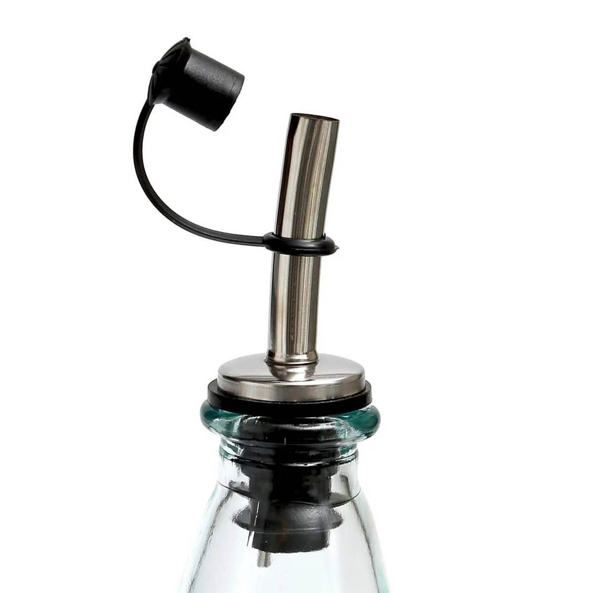 Close-up of a blue bohemian-style olive oil bottle with a sleek, mess-free pouring spout.