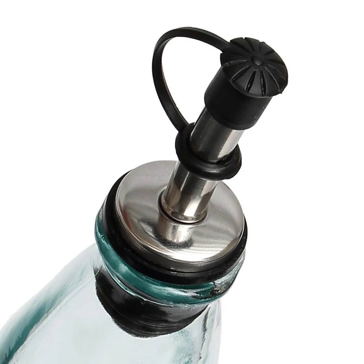 Bohemian style olive oil bottle with blue tint and spill-proof pourer, perfect for mess-free salad dressings and kitchen decor.