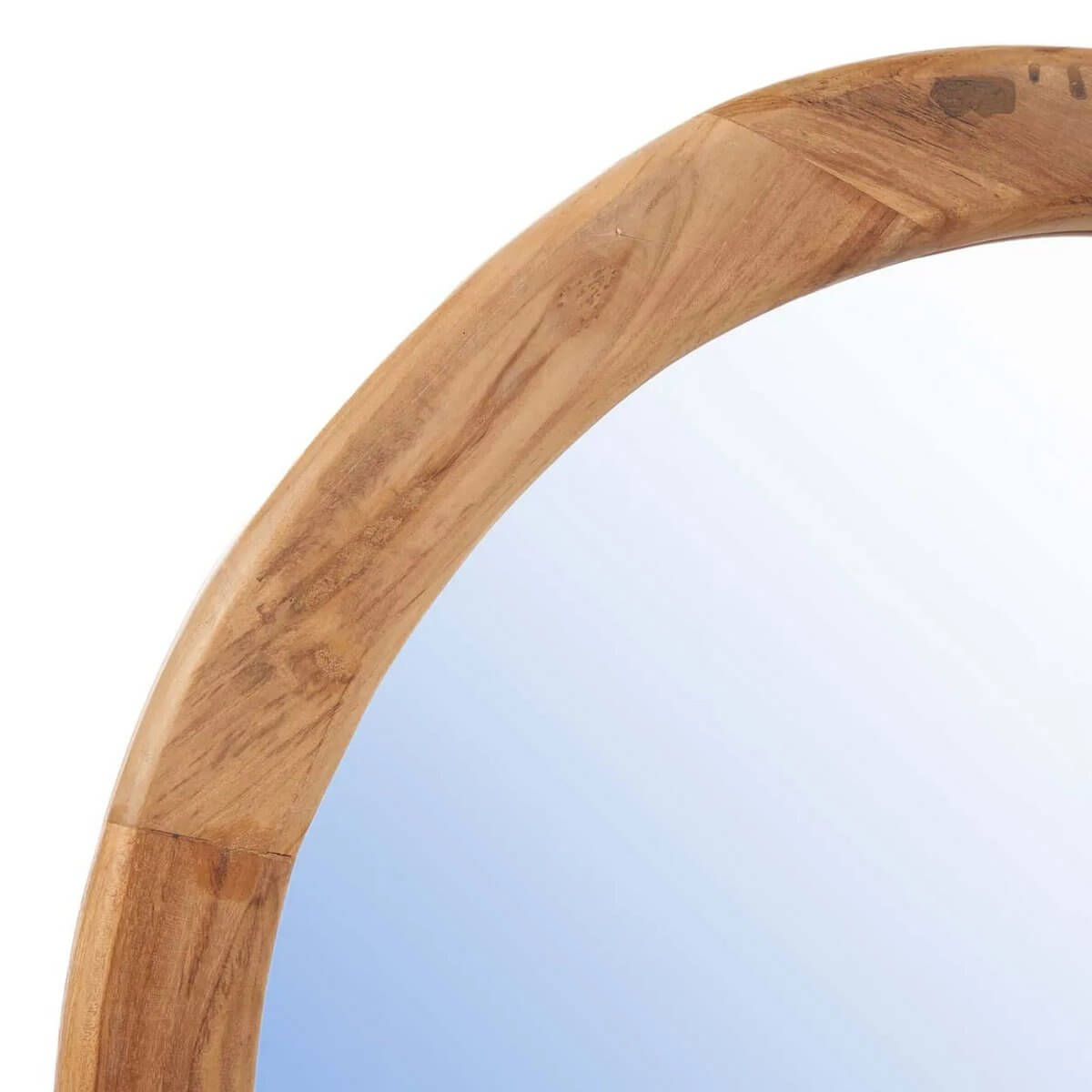 Close-up of the Organic Mirror with teak wood frame, showcasing its Bohemian style and natural beauty.