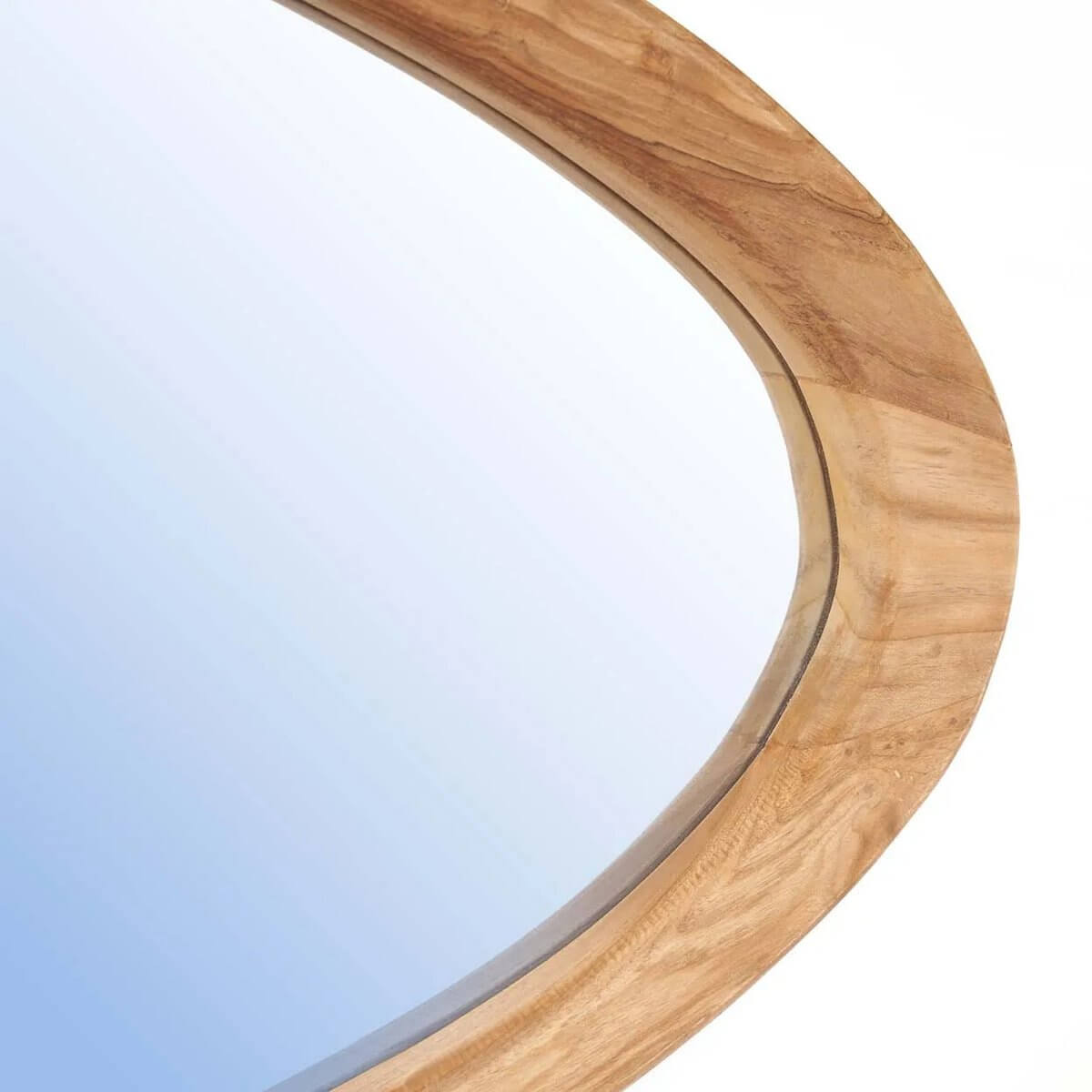 Organic mirror with teak wood frame, perfect for Bohemian style decor, showcasing natural beauty and elegant design.