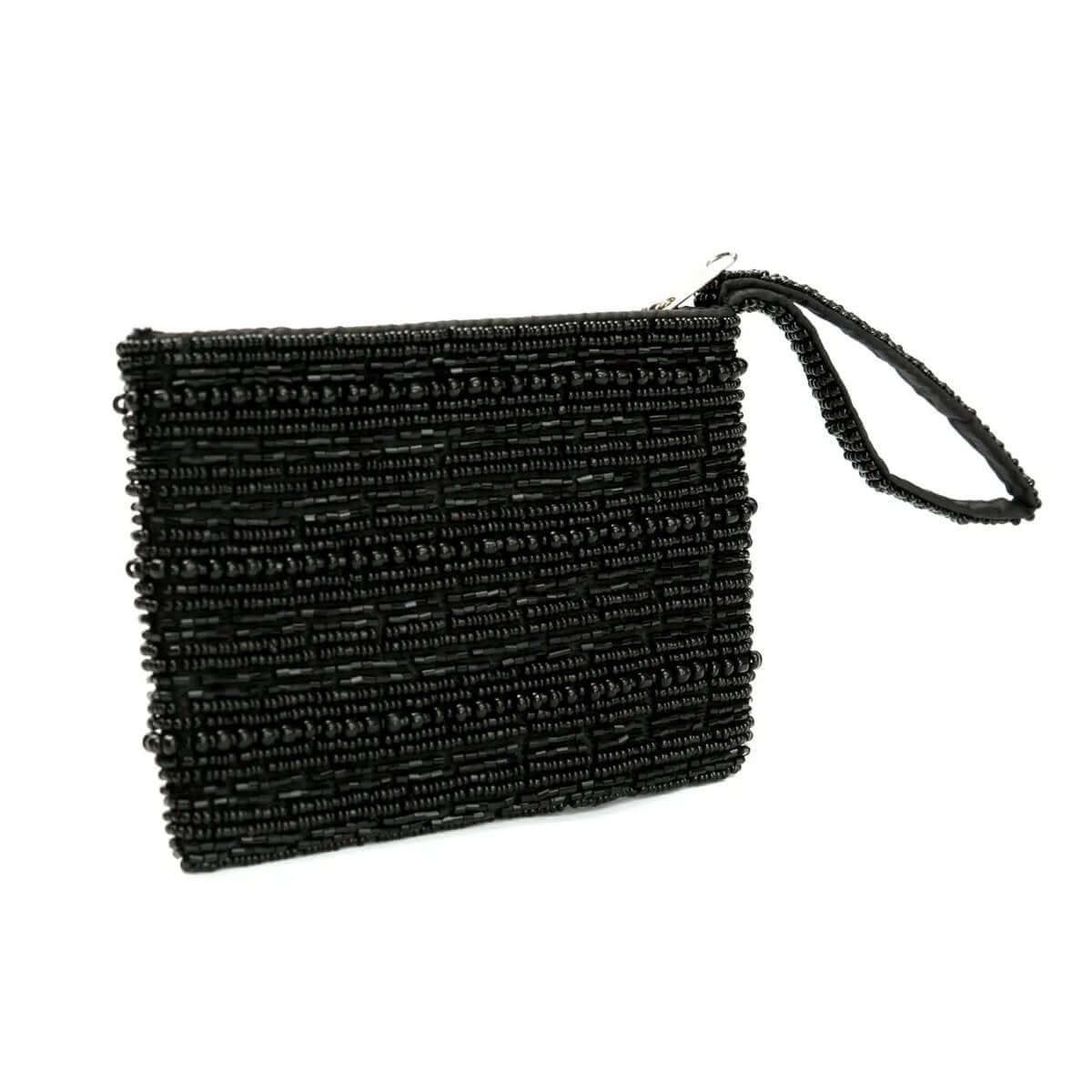Bohemian black beaded wallet with elegant wrist strap, perfect for adding glamour and sophistication to any outfit.