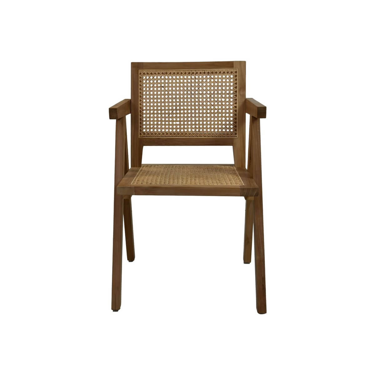 Teak houten eetkamerstoel met rotan zitting en rugleuning, bohemian stijl van HSM Collection, geschikt voor buitengebruik.