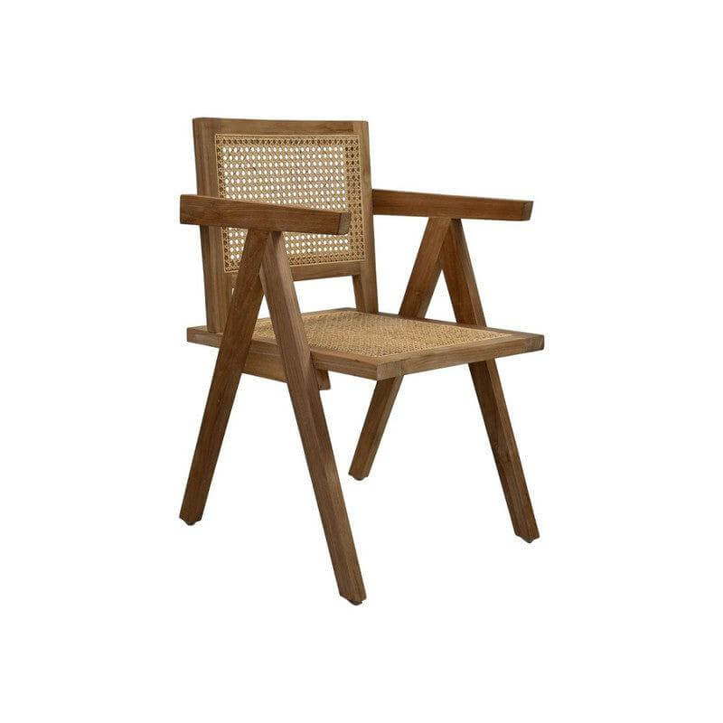 Teakhouten eetkamerstoel van HSM Collection met rotan zitting en rugleuning, bohemian stijl, ideal voor zomerse tuindagen.