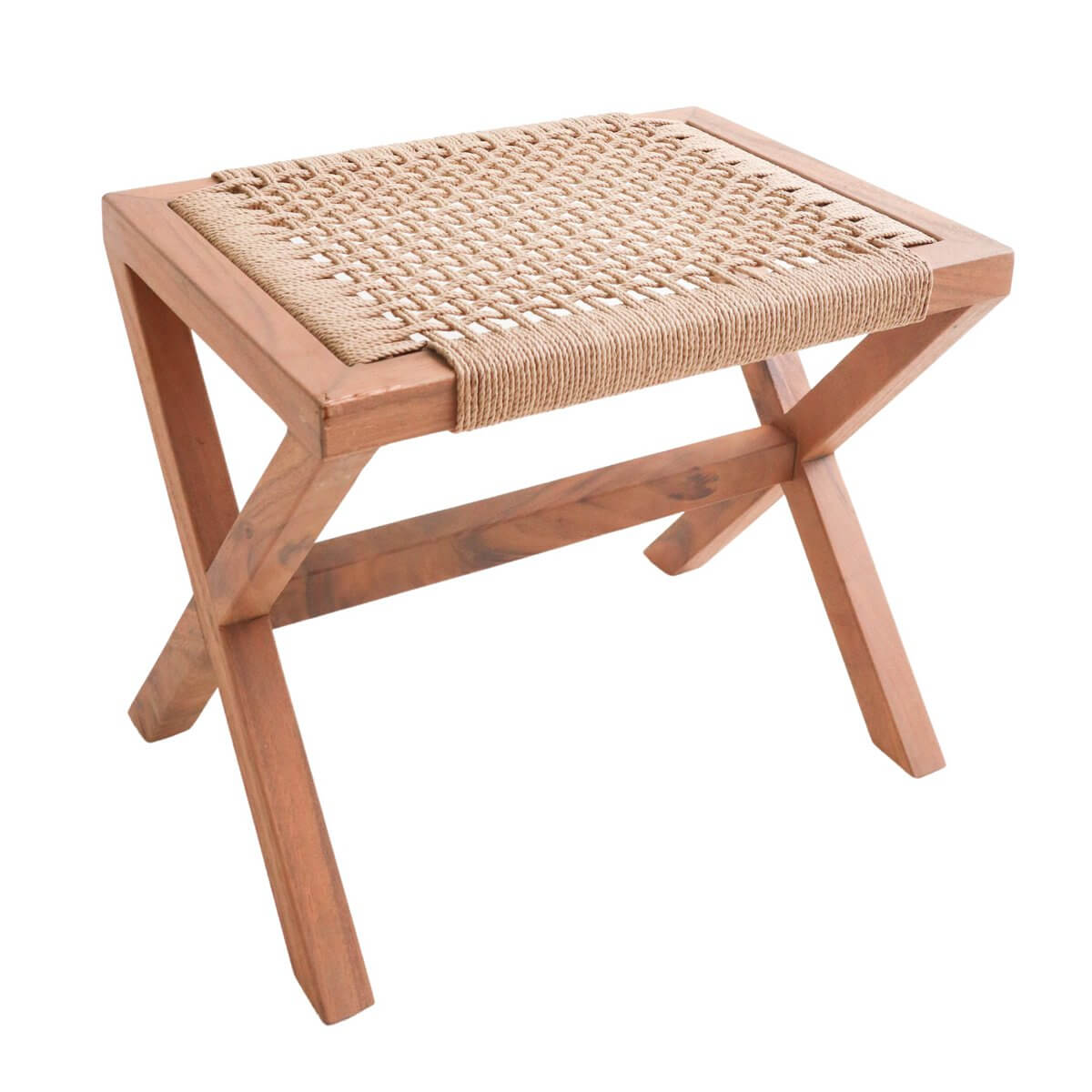 Alt Tag: Grote houten kruk INDRA van Trembesi in beige met geweven gerecycled papier op het zitvlak, duurzaam en stijlvol.