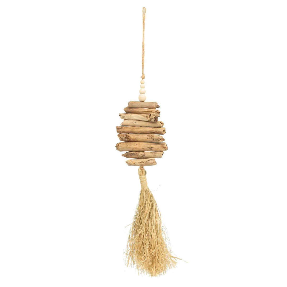 Bohemian raffia and driftwood tassel handcrafted by Balinese artisans, perfect for home decor accents from Bazar Bizar Living.