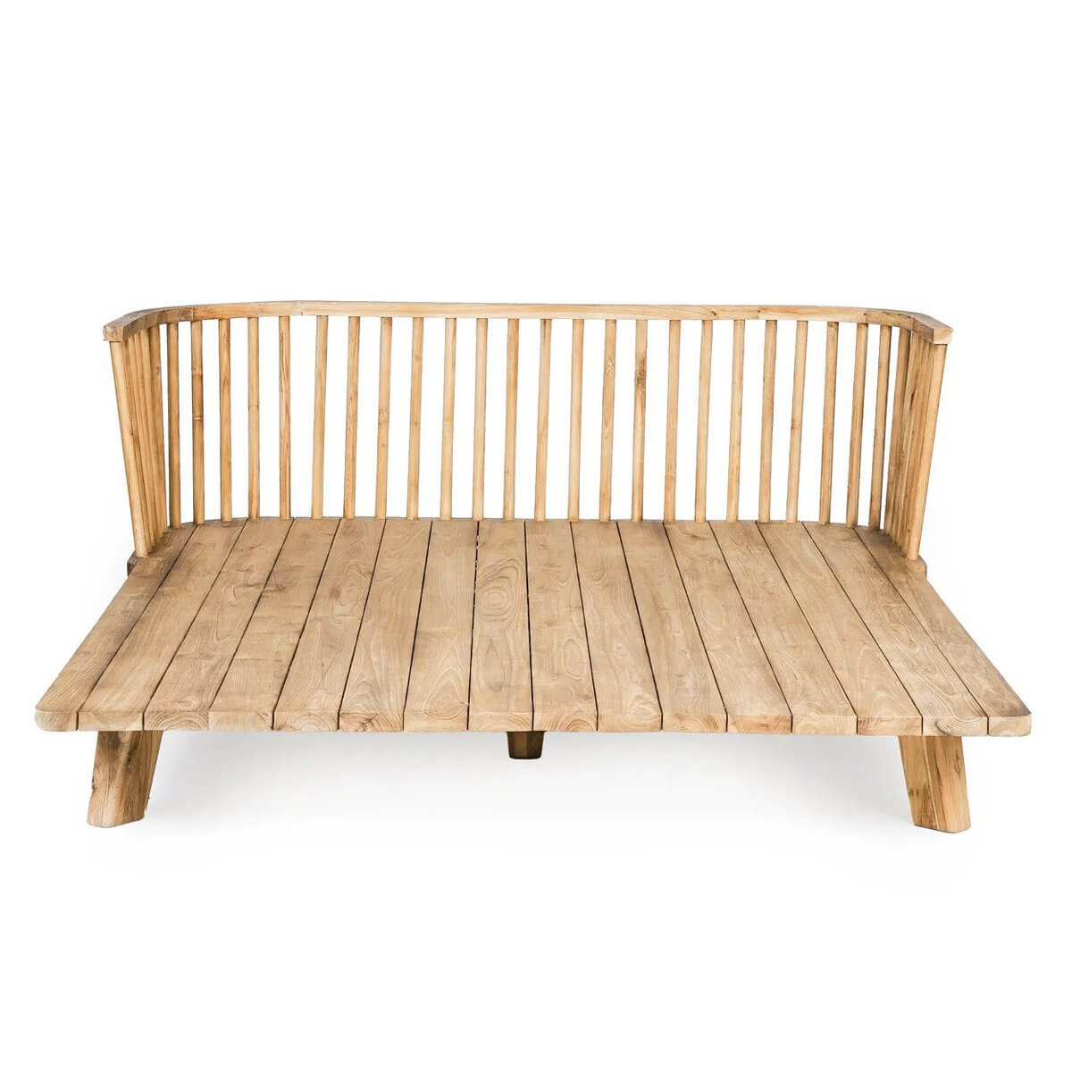 Bohemian style double Malawi daybed made from reclaimed teak wood with a natural white finish, perfect for outdoor relaxation.