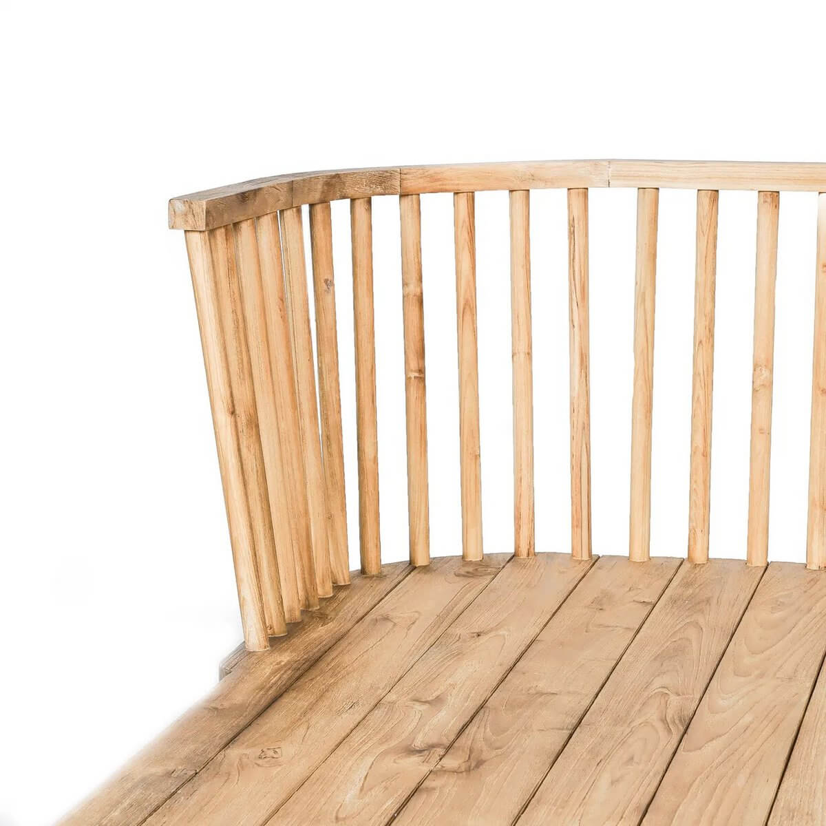 Close-up of the natural white double Malawi daybed made from reclaimed teak wood, showcasing its elegant Bohemian design.