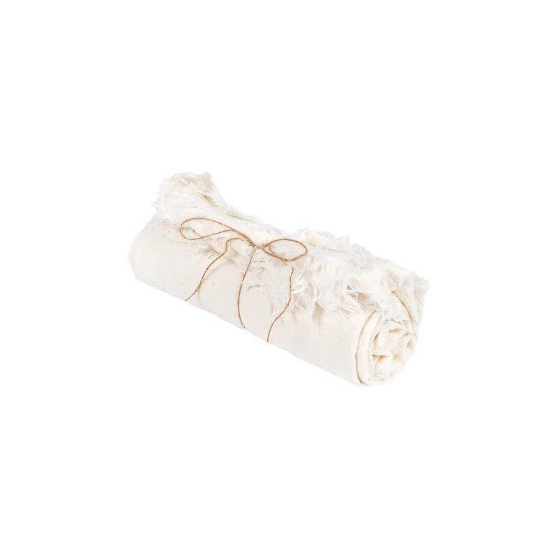 Opgerold wit linnen tafelkleed - Luxe tafellinnen van 100% linnen, maat 150x150 cm. Perfect voor elegante tafelsettings.