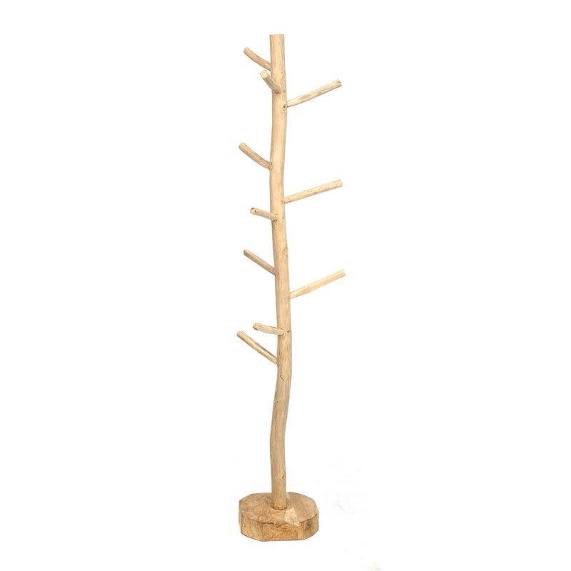 Kapstok van teakhout met boho karakter, ideaal voor badkamer of buitenruimte.