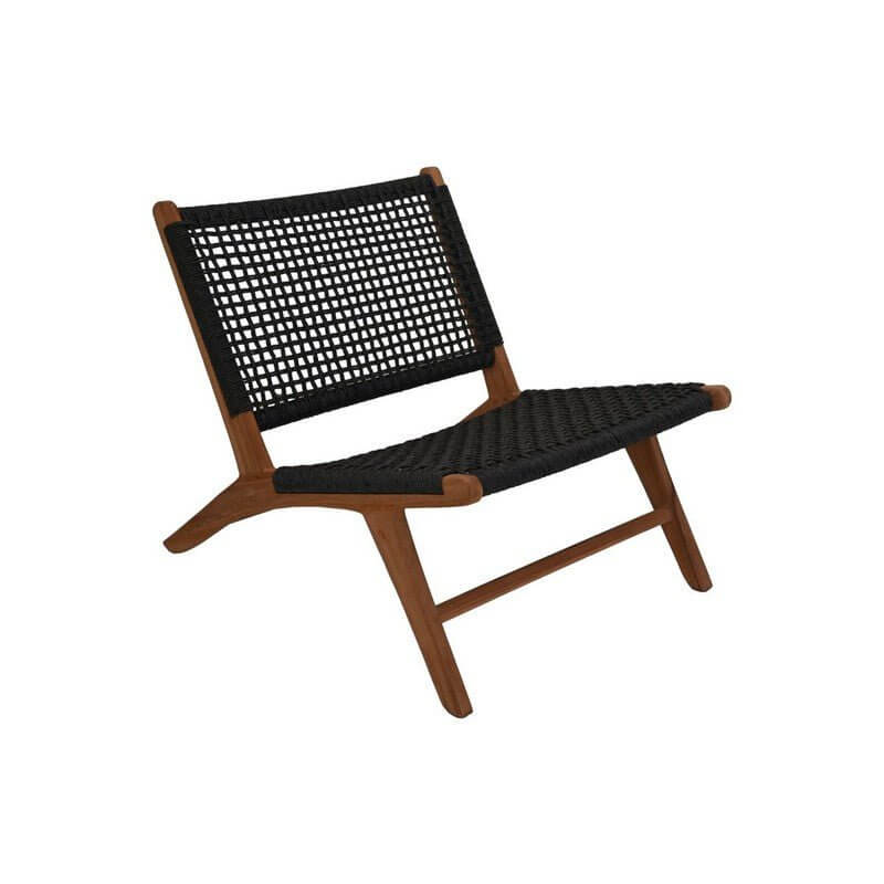 Loungestoel Rio met zwart bananenblad zitting en teak frame, 66x80x65 cm, voor een rustgevende natuurlijke uitstraling.