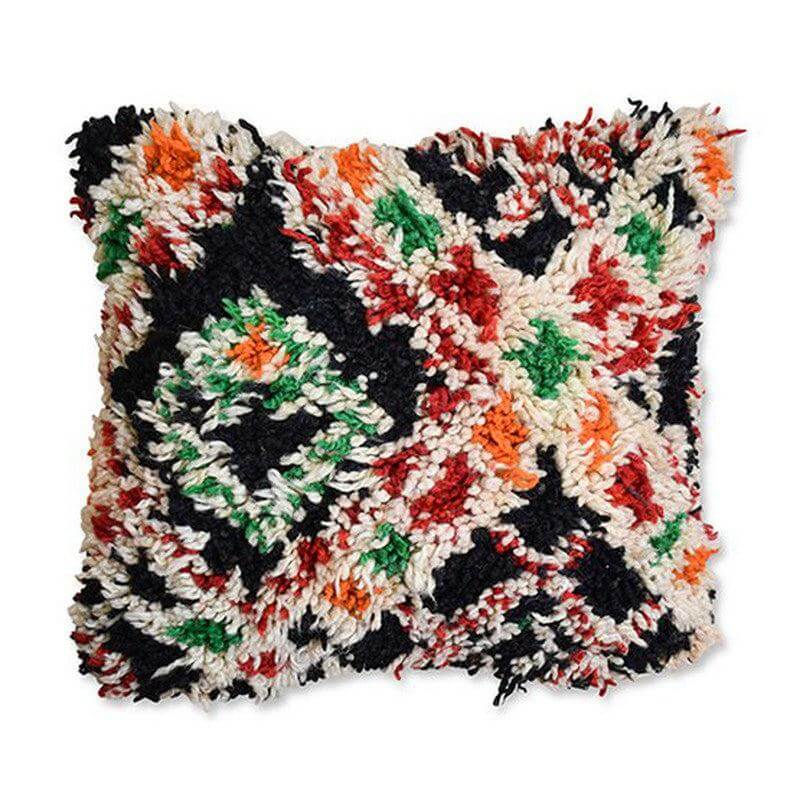 Kleurrijk handgemaakt Marokkaans kussen van vintage Berber tapijt, unieke eyecatcher voor je woon- of slaapkamer.