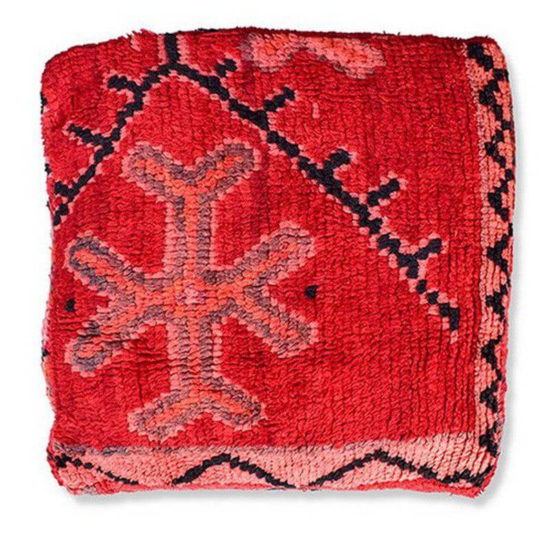 Handgemaakt Marokkaans vloerkussen K1104, unieke bohemian stijl, rood met patroon. Een vintage eyecatcher voor elke ruimte.