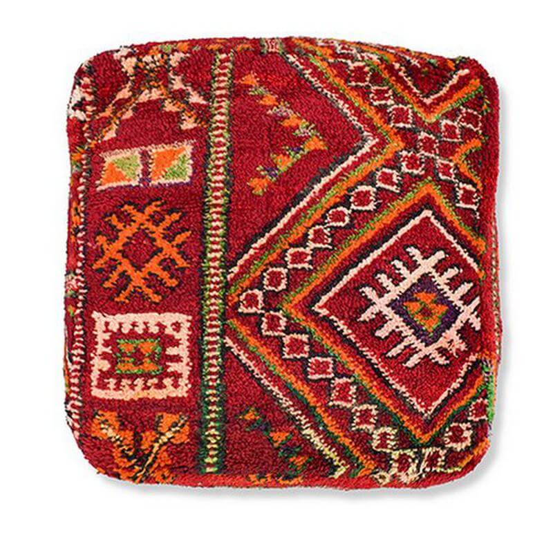 Marokkaans vloerkussen K1159 met kleurrijk bohemian patroon, handgemaakt van vintage Berberkleed voor een unieke woondecoratie.