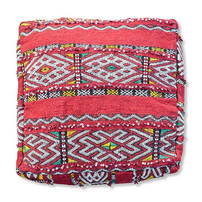 Marokkaans vloerkussen vintage K1274, handgemaakt uit Berberkleed, kleurrijk en bohemian, uniek design voor woon- of slaapkamer.