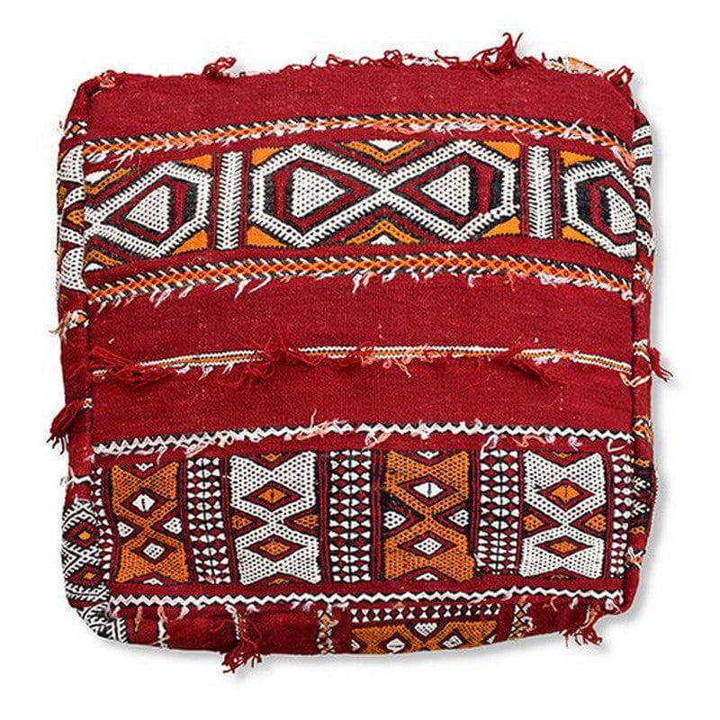 Vintage Marokkaans vloerkussen K1314 met rode en oranje Berber patronen, handgemaakt voor een unieke bohemian sfeer.
