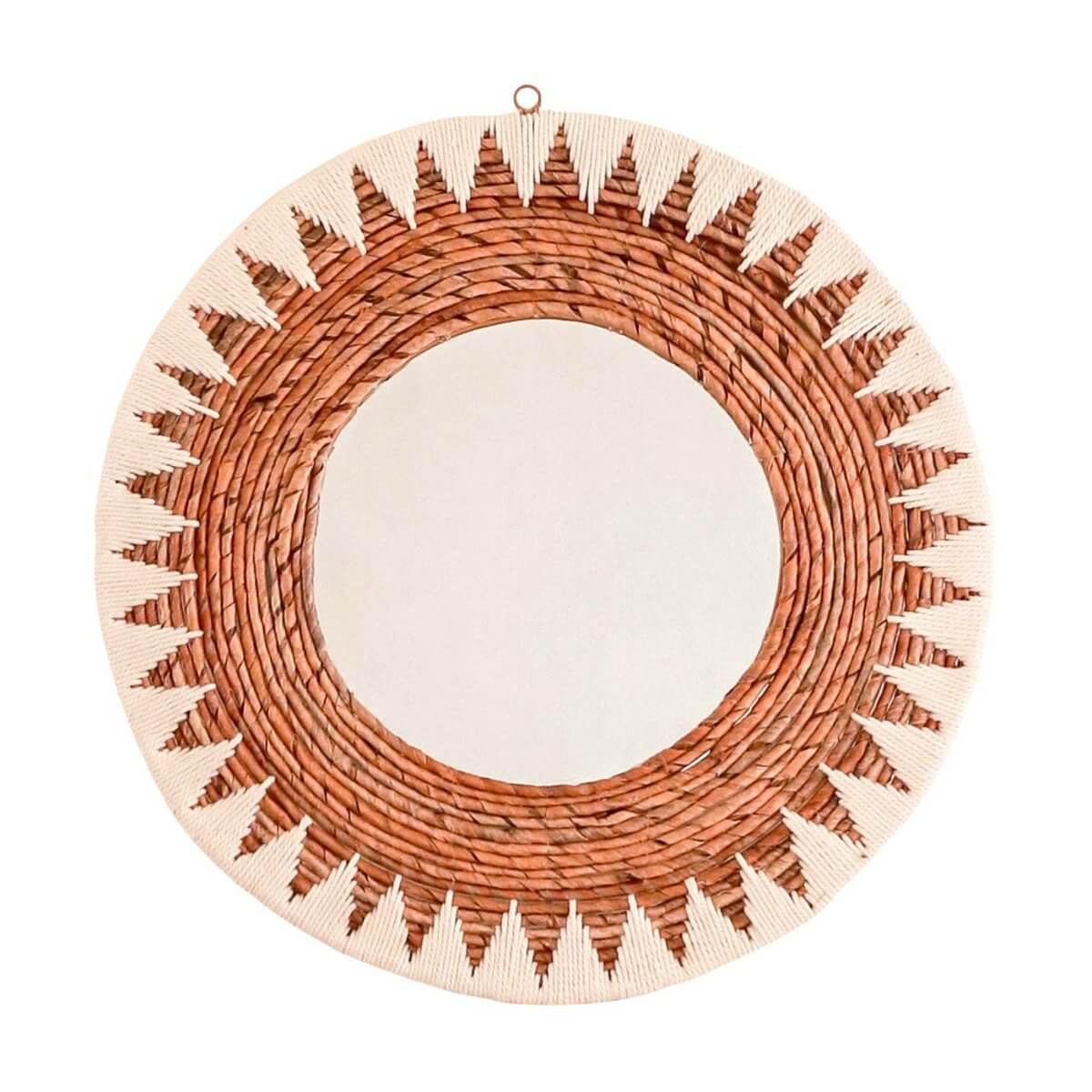 Ronde Boho Spiegel 60 cm | Handgemaakte geweven wandspiegel AWAN | Wanddecoratie met patroon gemaakt van katoenen koorden-Soeji-Ik Hout ervan.