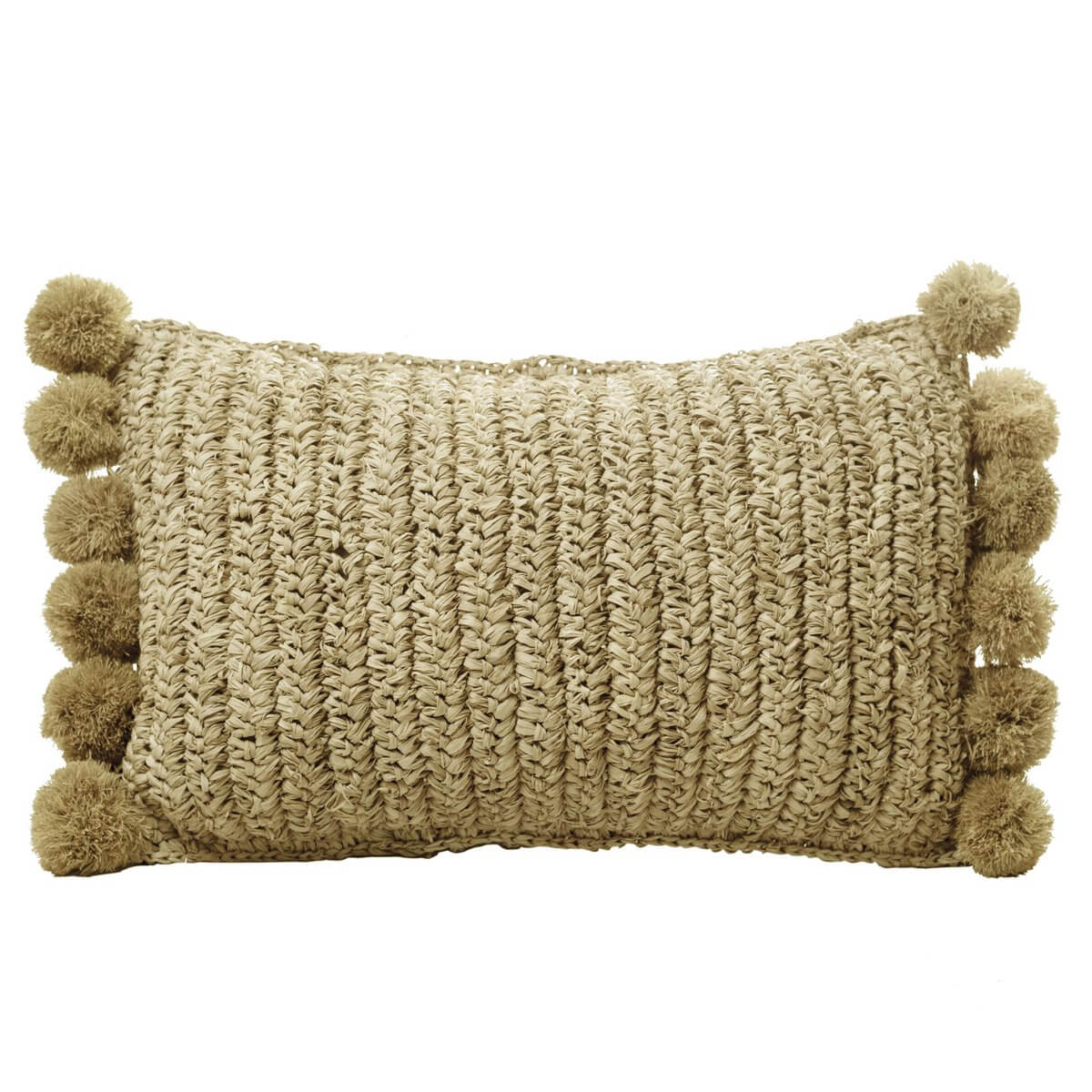 Sierkussen SANUR van raffia, 50x30 cm, met pompons, handgemaakt, ideaal voor decoratieve touch op sofa of bed.