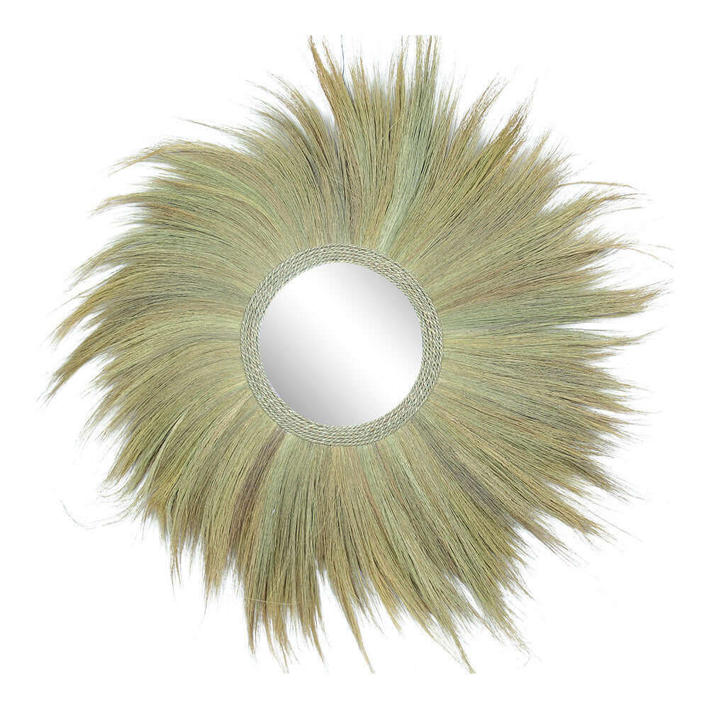 Boho spiegel met natuurlijke grasrand, ideaal voor een sfeervol interieur