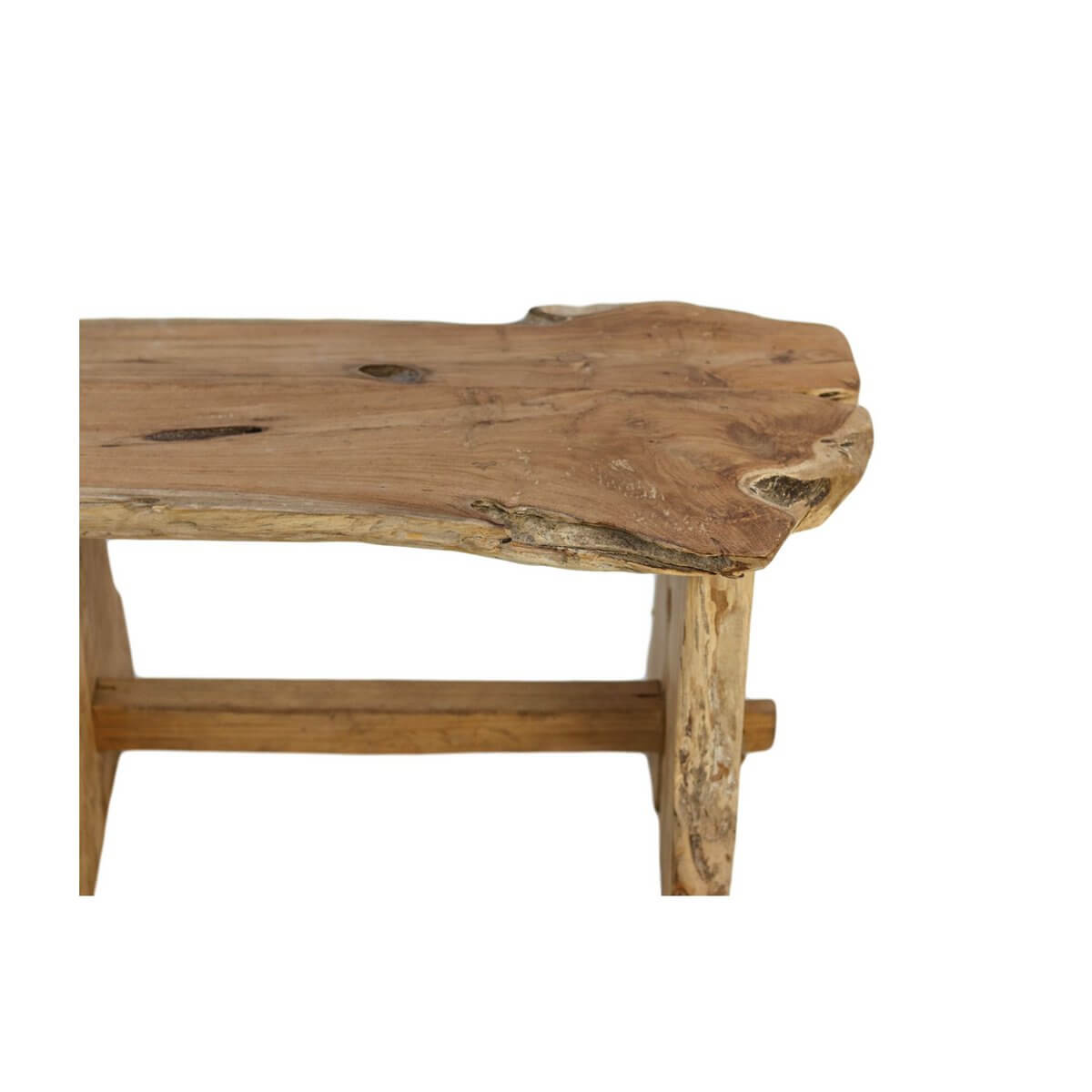 Robuuste natuurlijik teakhouten bank van HSM Collection, ideaal voor binnen en buiten, 80x40x45 cm geschikt voor elk interieur.