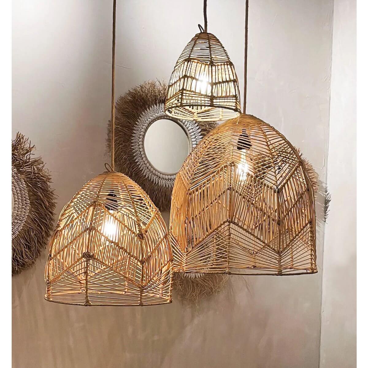 Bohemian handmade rattan pendant lampshades in natural color, perfect for bedroom, nursery, living space, or covered terrace decor.