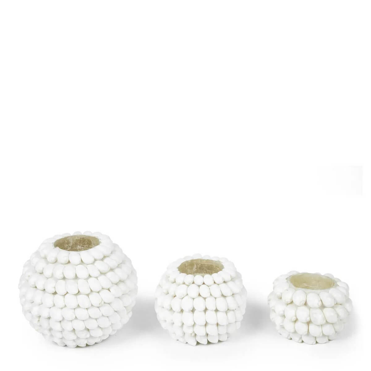 Bohemian bubble candle holders by Bazar Bizar Living, handmade with seashells, white color, set of three decorative pieces.
