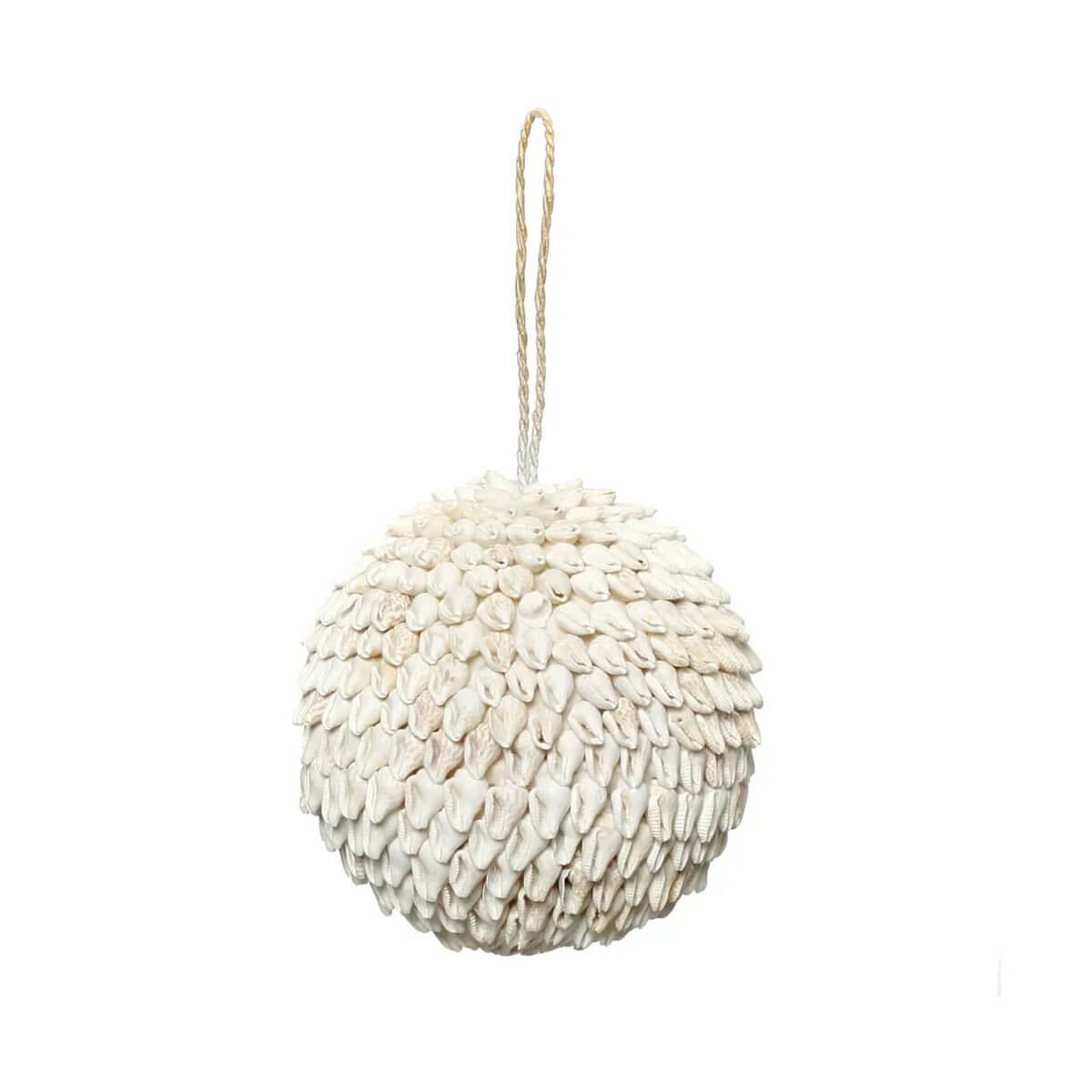 Handmade white shell ball with hanging string, perfect for bohemian decor. 9cm round, crafted by Balinese artisans. Bazar Bizar Living.