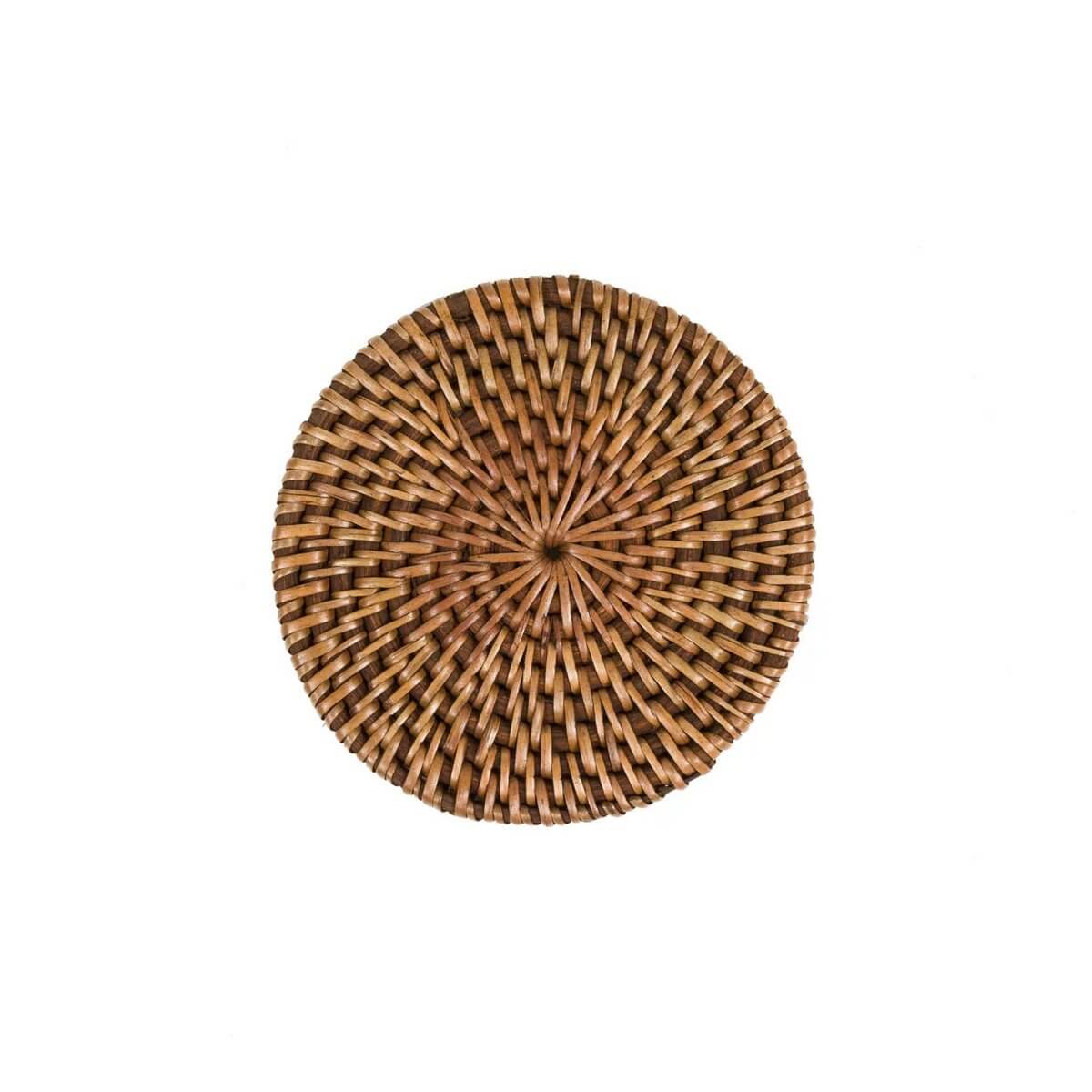 Bohemian handwoven rattan coaster in natural brown, perfect for island-style decor. Ideal for any table setting with tropical flair.