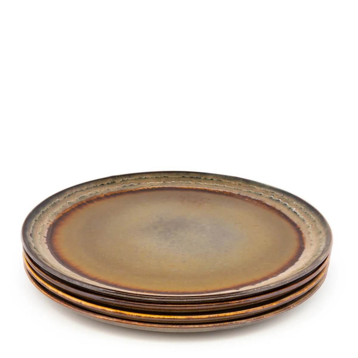 Set van 4 Comporta dinerborden, handgemaakt Portugees keramiek, uniek design met kleurschakeringen van bruin tot diepblauw.