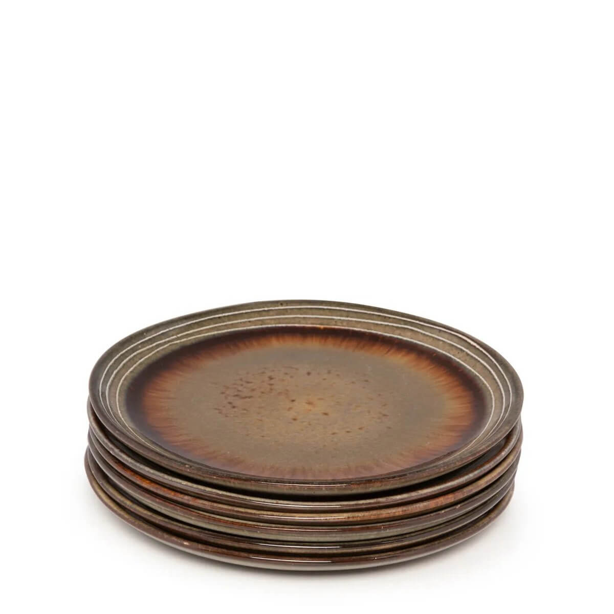 Set van 6 handgemaakte Comporta saladeteller in bruin en diepblauw, perfect voor een sfeervol gedekte tafel.