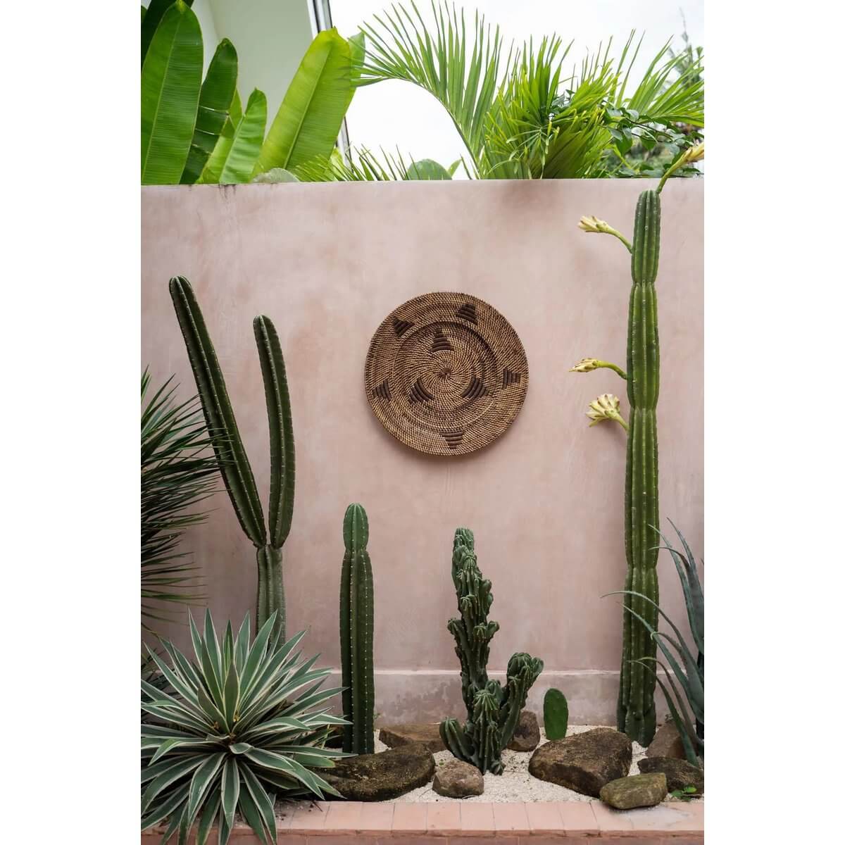 Jasmine Plate – handgeweven rotan bord met zwarte details, hangend aan een muur tussen cactussen en planten in een natuurlijke tuin.