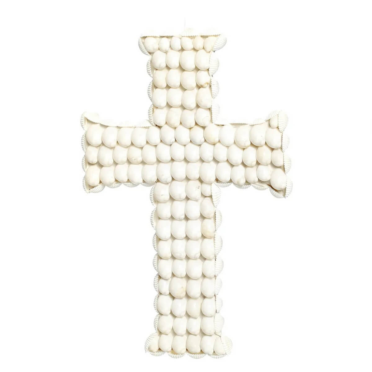 Bohemian decorative cross adorned with white shells forming a floral pattern, ideal for coastal decor. Display on wall or shelf.