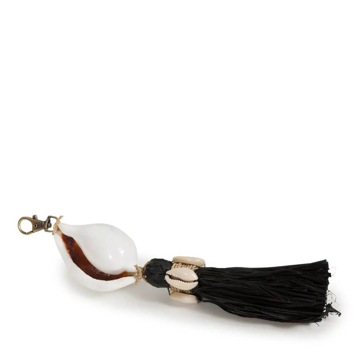 Bohemian Kubu Keychain in Black Natural with seashell and raffia tassel, perfect for coastal charm in home decor or key essentials.