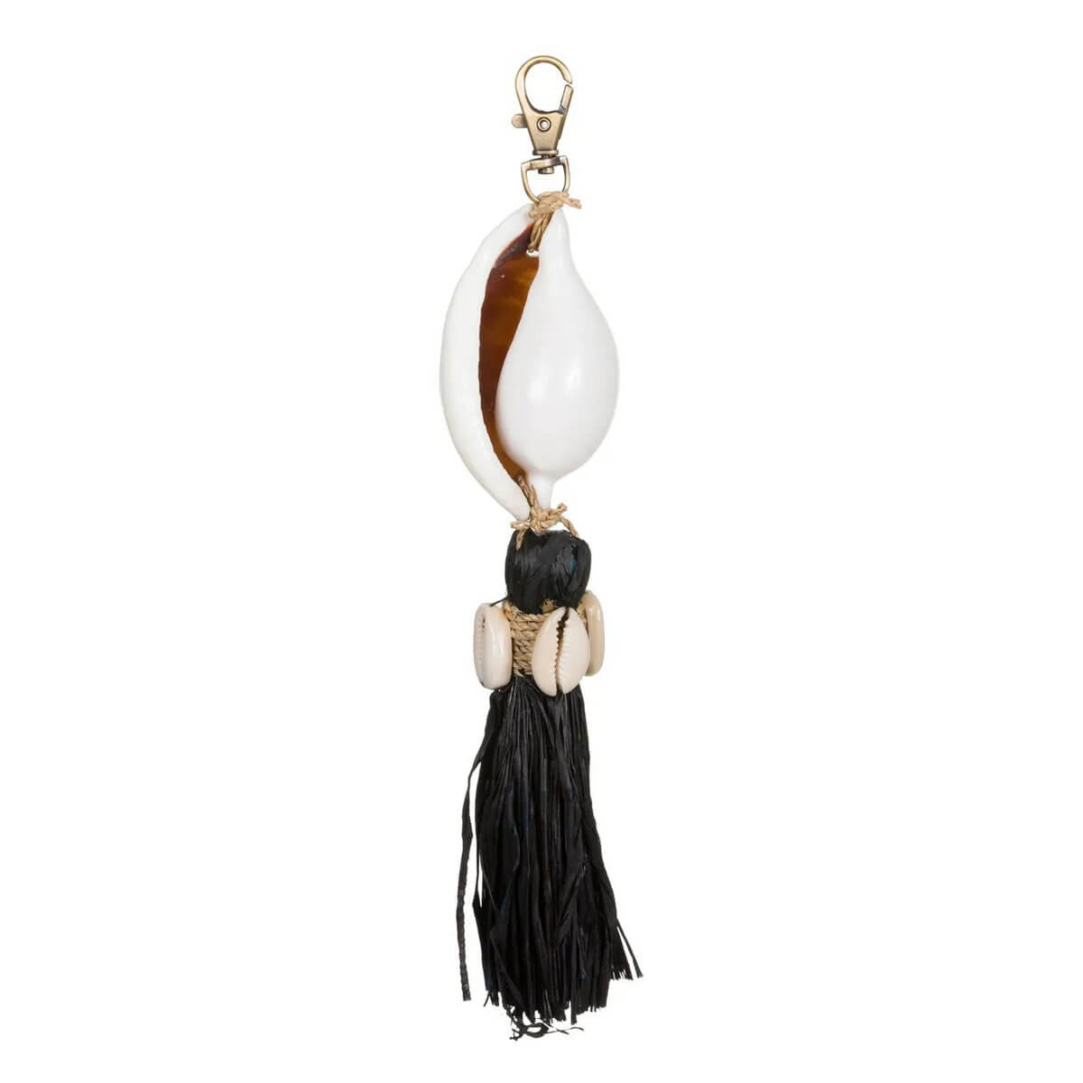 Bohemian Kubu keychain in black natural with raffia tassel and seashell, perfect for adding coastal charm to home or as a chic accessory.